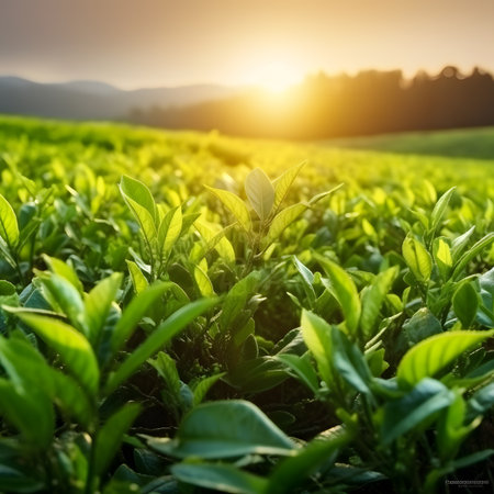 Lush Green Tea Plantation at Sunsetの素材