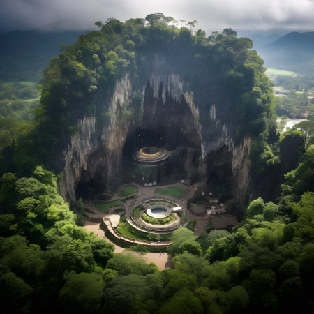 Aerial View of Lush Tropical Cave Structureの素材