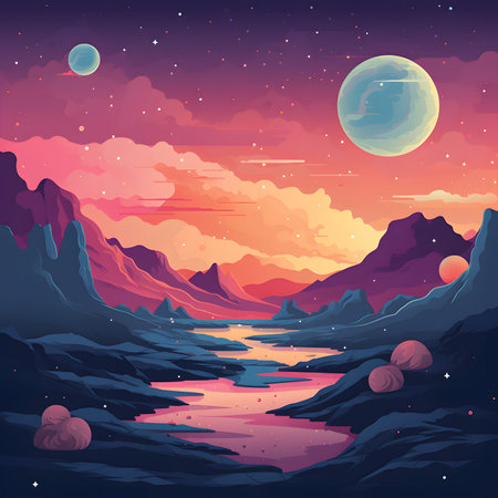 Alien Planet Pixel Art Sunset Landscapeの素材