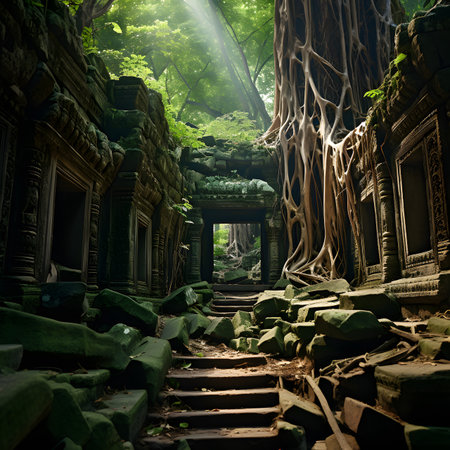 Ancient Stone Temple Ruins Overgrown by Lush Jungle Vegetationの素材