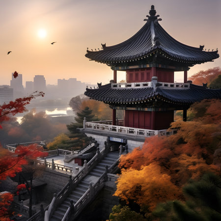 Autumnal Sunrise Over a Cityscape and Ancient Pavilionの素材
