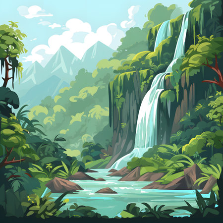 Lush Tropical Waterfall Landscape with Mountainsの素材