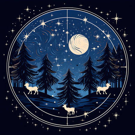 Night Forest Scene with Deer Silhouettes under a Full Moon and Starry Skyの素材