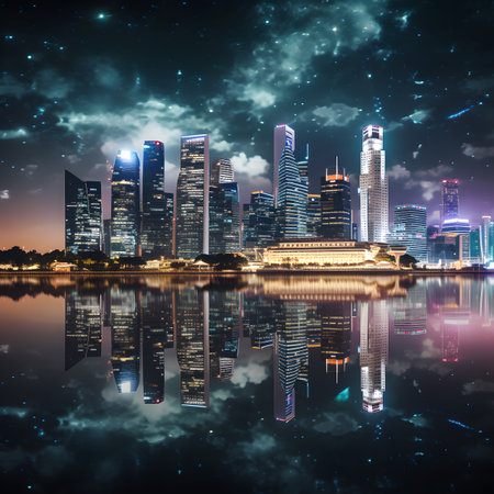 Night City Skyline Reflection with Starry Skyの素材