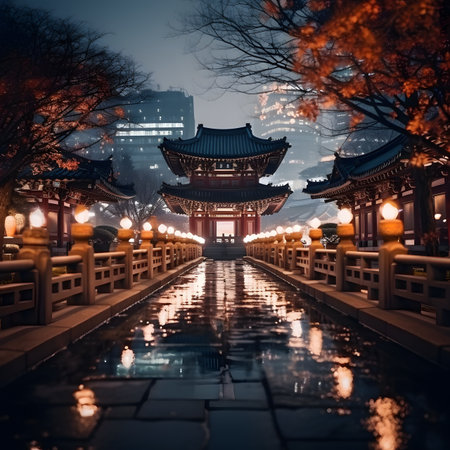 Night View of a Japanese Temple with City Lights and Reflectionsの素材