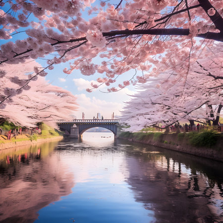 Pink Cherry Blossoms Framing a River Bridgeの素材