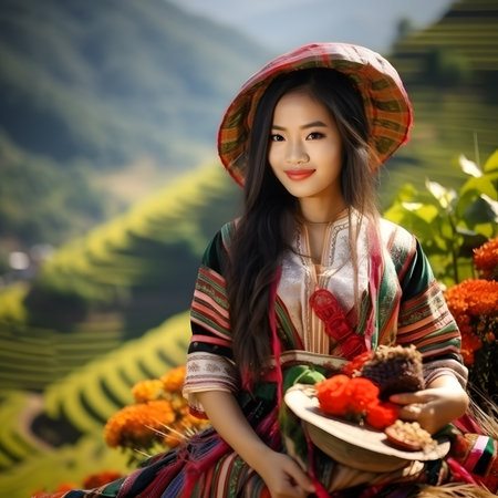 Portrait of a Young Vietnamese Woman in Traditional Clothing Amidst Rice Terracesの素材