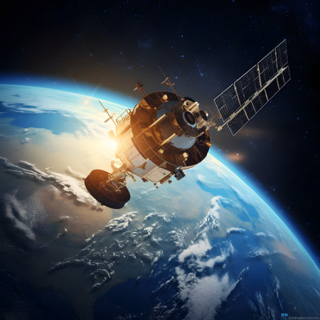 Satellite Orbiting Earth During Sunriseの素材