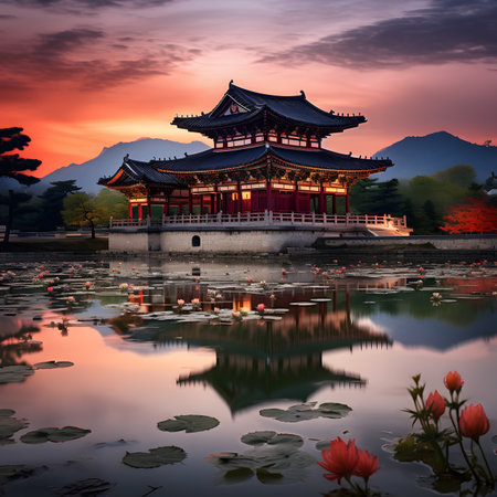 Serene Asian Temple at Sunset Reflected in Still Waterの素材