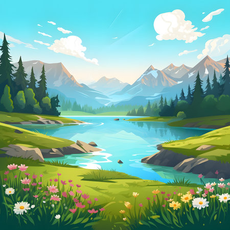 Serene Mountain Lake Landscape with Blooming Wildflowersの素材