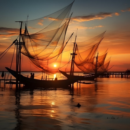Silhouette of Fishing Boats with Nets at Sunsetの素材