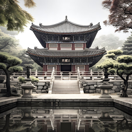 Serene Asian Temple with Misty Backgroundの素材