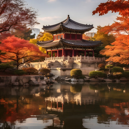 Serene Autumn Garden Temple with Red and Orange Leavesの素材
