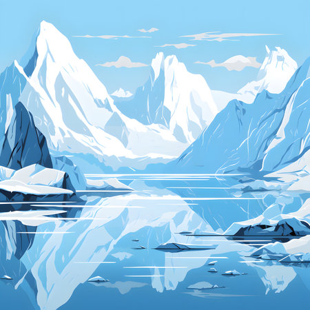 Serene Blue Winter Mountain Landscape with Snow and Water Reflectionの素材