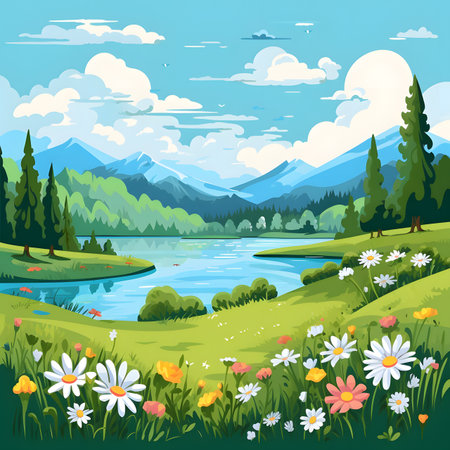 Serene Summer Landscape with Mountain Lake and Wildflowersの素材