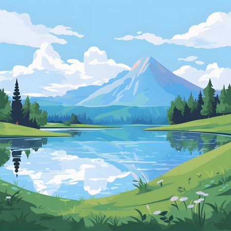 Serene Mountain Lake Landscape with Blue Sky and Green Grassの素材