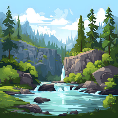 Serene Mountain Waterfall Landscape: Pixel Art Illustrationの素材
