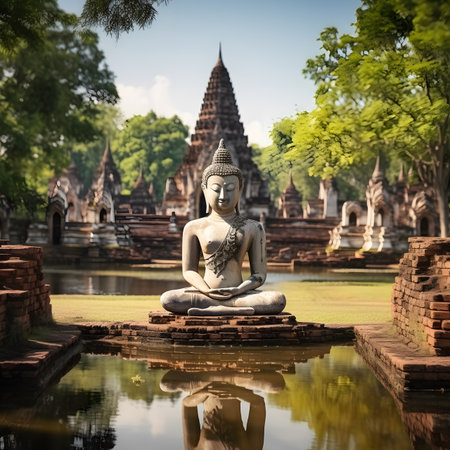Serene Buddha Statue at Ancient Temple Ruinsの素材