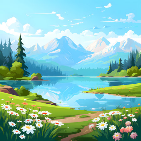 Serene Mountain Lake Landscape with Daisiesの素材