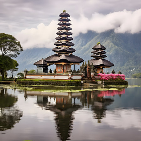 Serene Balinese Temple on a Calm Lake with Mountain Reflectionsの素材