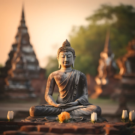 Serene Buddha Statue at Sunrise in Ancient Templeの素材