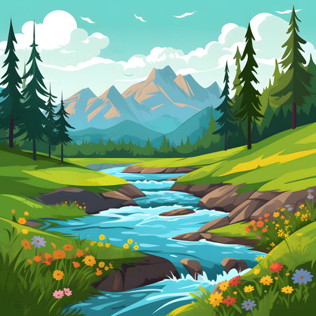 Serene Mountain River Landscape with Vibrant Flowersの素材