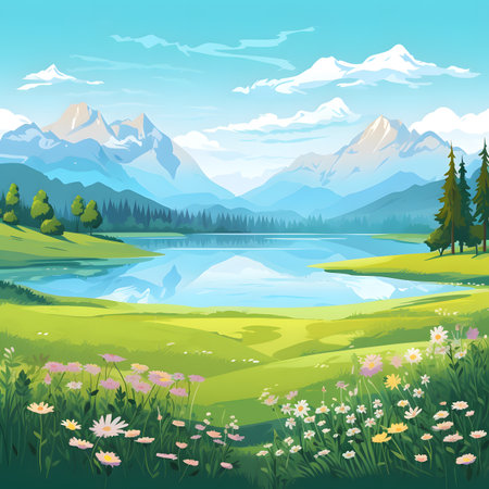Serene Summer Landscape: Mountain Lake and Wildflowersの素材