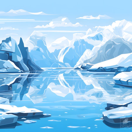 Serene Winter Landscape with Snowy Mountains and Glacial Lake Reflectionの素材
