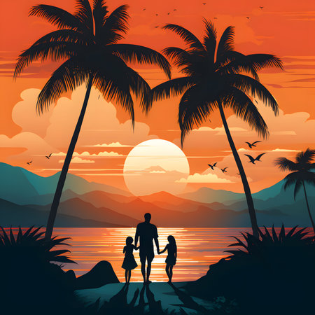 Silhouette of Family at Tropical Sunset Beachの素材