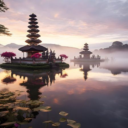Serene Sunrise over Balinese Water Templesの素材