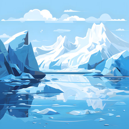 Serene Winter Landscape: Blue Mountains and Icy Water Reflectionの素材