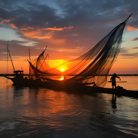 Silhouetted Fisherman with Nets at Sunsetの素材