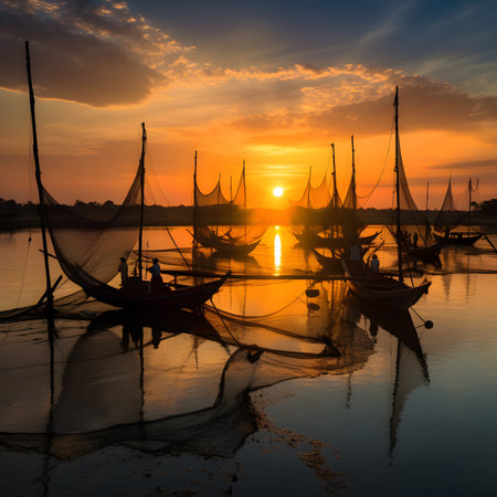 Silhouetted Fishing Boats at Sunsetの素材