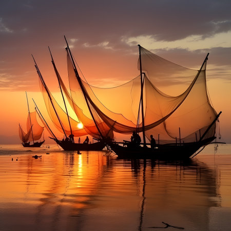 Silhouetted Fishing Boats at Sunsetの素材