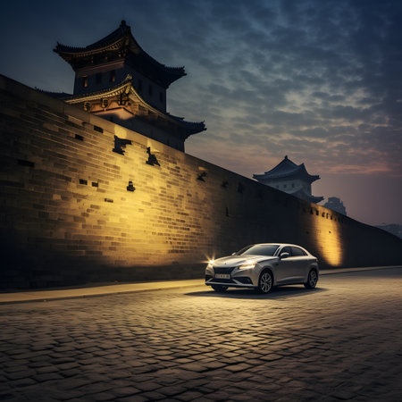 Silver Car Parked at Night Near Ancient City Wallの素材