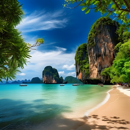Tranquil Tropical Beach Scene with Limestone Cliffsの素材