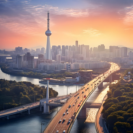 Sunrise Cityscape with Bridge and Riverの素材