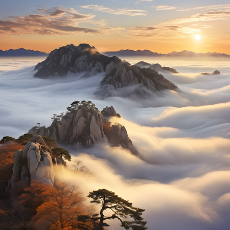 Sunrise Over Misty Mountains Golden Light Autumn Landscapeの素材