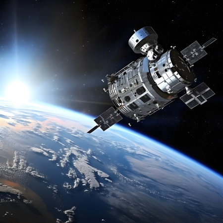 Spacecraft Orbiting Earth at Sunriseの素材