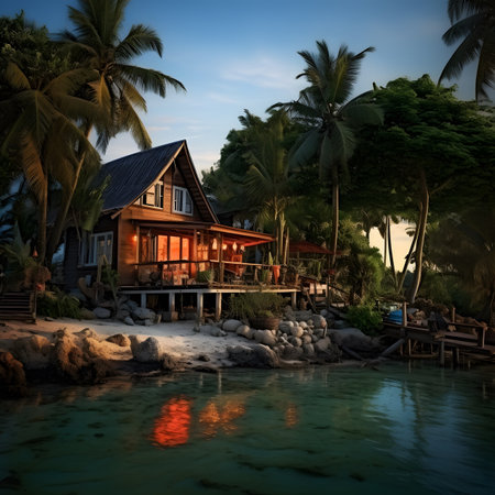 Tropical Beach House at Sunset with Palm Treesの素材