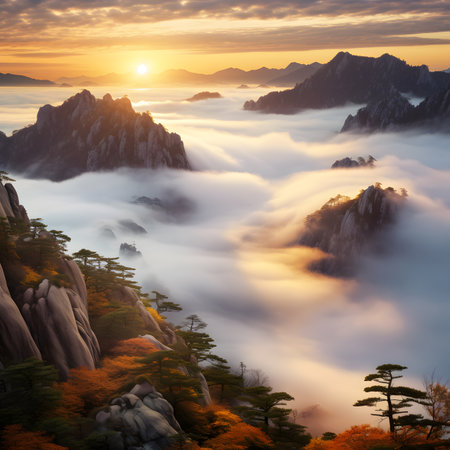 Sunrise Over Misty Mountain Peaksの素材