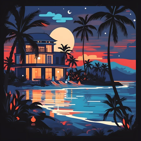 Tropical Beach House at Sunsetの素材