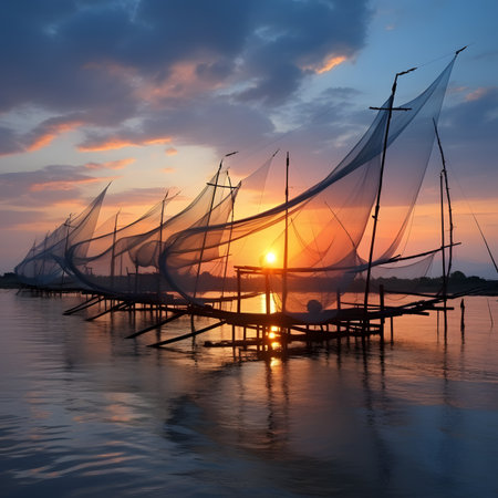 Sunset over Water with Traditional Fishing Netsの素材