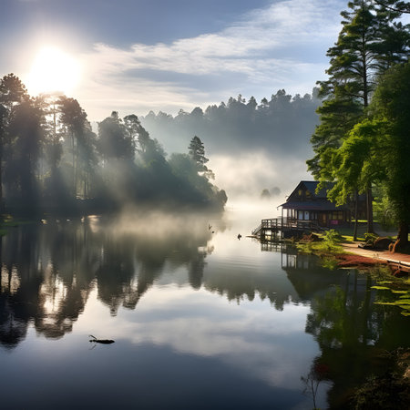 Sunrise Over Foggy Lake with Lakeside Houseの素材