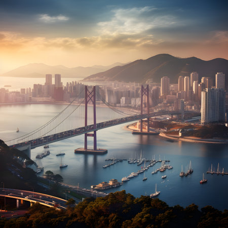Sunset Cityscape with Suspension Bridge and Boatsの素材