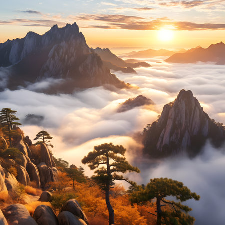 Sunrise Over Autumnal Mountain Peaks and Cloudsの素材