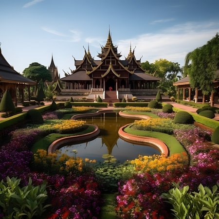 Traditional Thai Temple with Ornate Architecture and Colorful Gardenの素材