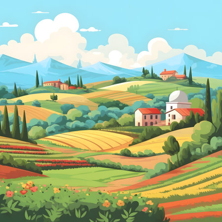 Tuscan Hills Landscape with Colorful Fields and Housesの素材