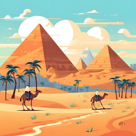 Two Camels Traveling Through Desert Landscape with Pyramidsの素材