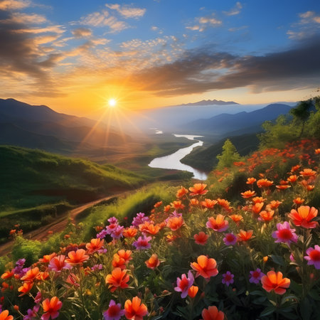 Vibrant Sunset Landscape with Orange Flowers and Winding Riverの素材